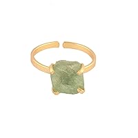 Guntaas Gems Raw Gemstone Brass Gold Plated Adjustable Ring Rough Green Strawberry Quartz Open Ring