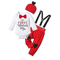 Baby Boy Valentines Day Outfit, Cute Letter Printed Long Sleeve Romper with Bow Tie + Pants + Hat 3Pcs Set