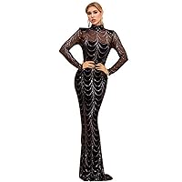 Women's Glitter Sequin Dress Stripe See-Through High Round Neck Trailing for Cocktail Evening Party Evening Gown (Color : Silver, Size : Large)