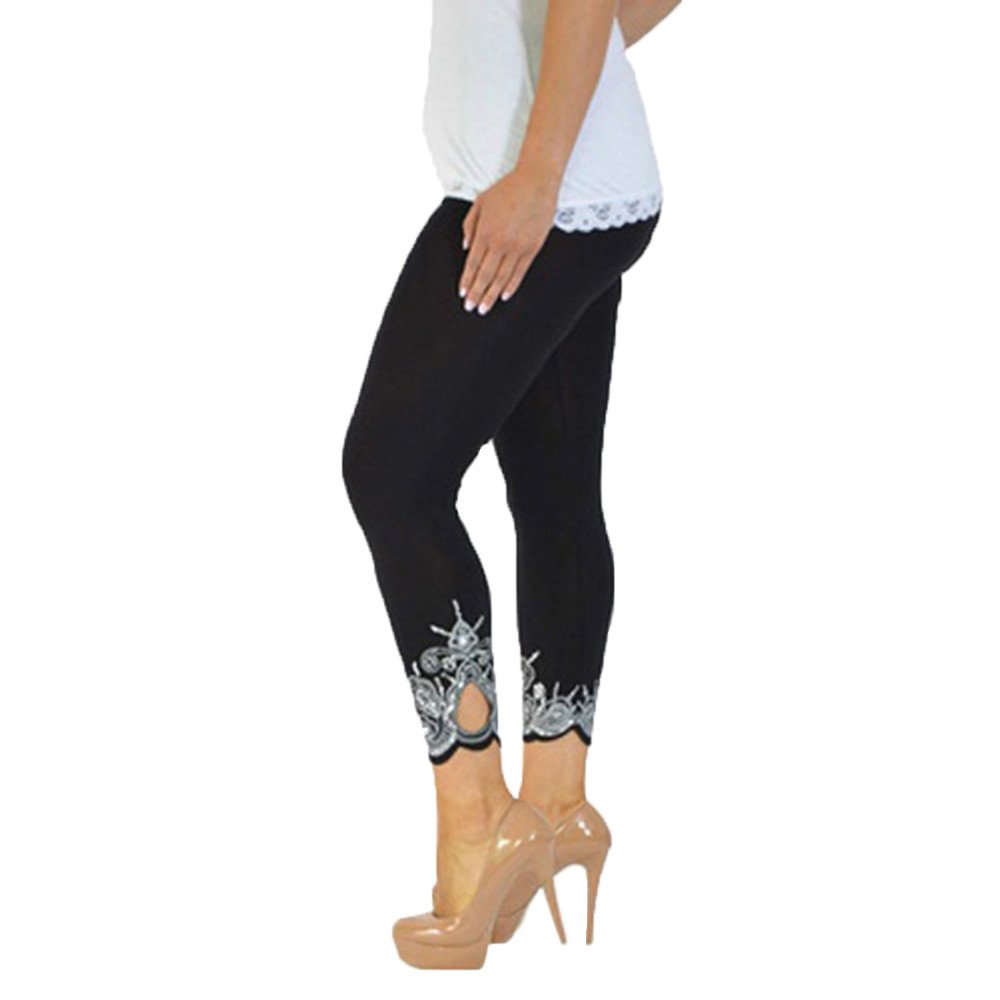 JOFOW Womens Leggings Solid Basic Lace Cuff High Waist Stretch Long Yoga Pants