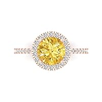 1.82ct Round Cut Solitaire halo Canary Yellow Simulated Diamond designer Statement with accent Ring Real 14k Rose Gold