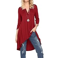Naggoo Women's 3/4 Sleeve Button V Neck High Low Loose Fit Casual Long Tunic Tops Tee Shirts S-3XL