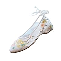 Long Ankle Strap Summer Women Gauze Mesh Embroidered Ballet Flats Breathable Comfortable Walking Shoes White 8.5