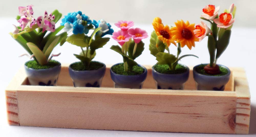 Set 5 Assorted Dollhouse Miniature Flowers,Tiny Flowers in Ceramic Pot with Planter Box, Dollhouse Accessories for Collectibles