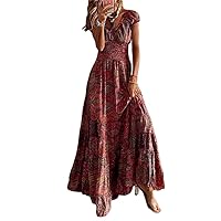 Summer Boho Floral Printe Dress for Women Casual Dressy Flare Long Sleeve V Neck Empire Waist Maxi Dress 2024