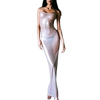 Womens See Through Sheer Lace Maxi Dress Sexy V Neck Backless Side Slit Slim Long Slip Dress Y2k Beach Party Dress