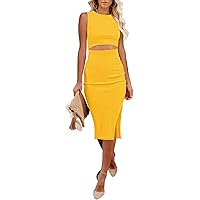 Pink Queen Women's Crew Neck Sleeveless Cutout Side Slit Knee Length Bodycon Midi Dress