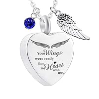 Heart Urn Necklace for Ashe with Wings &12 Birthstones Cremation Jewelry for Ashes -Your Wings were Ready My Heart was Not