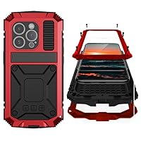 Compatible with iPhone 15 Pro Max Metal Case with Screen Protector Camera Protector Military Rugged Heavy Duty Shockproof Case with Metal Kickstand Full Body Tough Dustproof Case (Red)