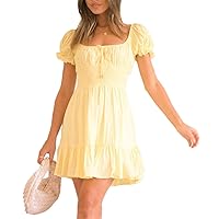Womens Summer Spaghetti Strap Mini Dresses Sleeveless Tiered Ruched Boho Cami Dress Flowy Tie Back Beach Sundress