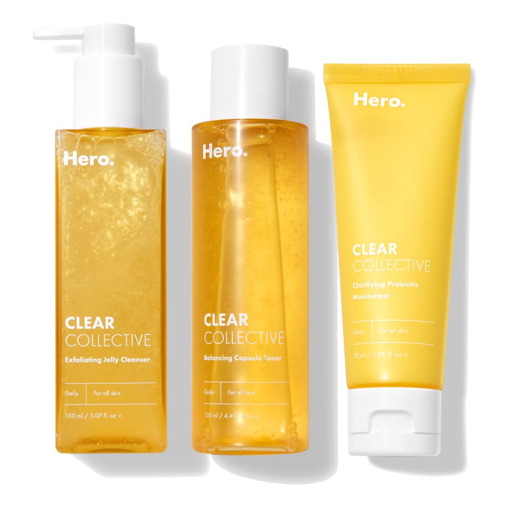 Clear Collective Trio Bundle from Hero Cosmetics - Exfoliating Jelly Cleanser, Clarifying Prebiotic Moisturizer, and Balancing Capsule Toner