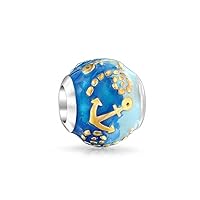 Nautical Vacation Travel Boat Ship Wheel Rope Anchor Tropical Ocean Blue Waves Charm Bead For Women Teen .925 Sterling Silver Fits European Bracelet