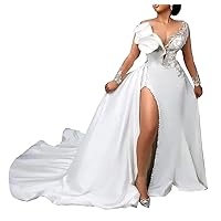 Plus Size Split Silk Detachable Train Sequins Satin Mermaid Bridal Ball Gown Wedding Dresses for Women Brides Long Sleeve