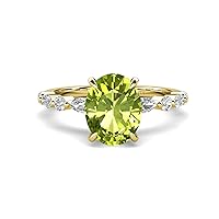2.48 ctw Peridot Oval Shape (9 x 7 mm) alternating Side Marquise & Round Lab Grown Diamond Hidden Halo Engagement Ring in 14K Gold