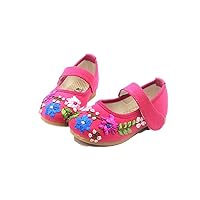 Children Girl's Flower Embroidery Mary-Jane Shoes Kid's Cute Flat Cheongsam Shoe Rose Red