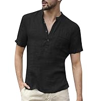 Men's 1/4 Button Polo Shirts Band Collar Essential Linen Rugby Polo Shirt Wedding Party Hipster Casual Beach T