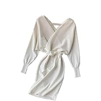 Elegant Long Sleeve Knitted Sweater Dress V Neck Bandage Short Dress