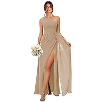 One Shoulder Bridesmaid Dresses for Women Ruched Chiffon A Line Evening Formal Gown with Slit U005