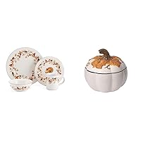 Pfaltzgraff Autumn Berry 16 Piece Dinnerware Set, Service for 4, Multi Colored and Pfaltzgraff Autumn Berry Covered Pumpkin Bowl, Holds 20 Ounces, Cream