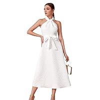 White Dress Argyle Pattern Belted Halter Dress White Dress
