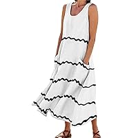Women's Beach Dresses 2024 Vacation Summer Casual Fashion Stripe Printing Sleeveless Round Neck Pocket Dress, S-3XL