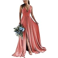 Women's V-Neck Long Bridesmaid Dresses with Slit Ruched Chiffon Evening Formal Prom Gown with Slit