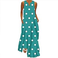 Sleeveless Maxi Dress with Pockets for Women 2024 Polka Dot Stripe Gradient Sundresses Holiday Casual Long Dress
