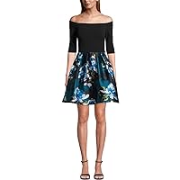Betsy & Adam Womens Zippered 3/4 Sleeve Off Shoulder Short Cocktail Fit + Flare Dress