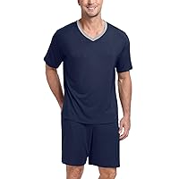 PrinStory Men's Pajama Set Sleepwear Pjs Lightweight Quick Dry Short Sleeve V-Neck Shirts and Shorts Soft Comfy Sleep Sets