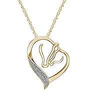 14k Yellow Gold Finish 925 Sterling Silver Round Cubic Zirconia Mother Love Child Horse Pendant Necklace, 18