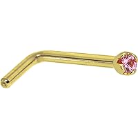 Body Candy Solid 14k Yellow Gold 1.5mm Genuine Pink Sapphire L Shaped Nose Stud Ring 18 Gauge 1/4