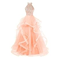 Women's High Halter Ruffles Quinceanera Dresses Beaded Crystal Ball Gown Sweet 16 Dress