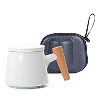 Ceramic Tea Mug with Lid, Tea Set with Filter Wooden Handle Mug, 11 oz Loose Leaf Tea Mug, For Tea/Coffee/Milk/Ladies/Office/Home/Gifts (White + Bag)