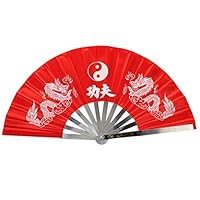 Red Color Kung Fu Tai Chi Eight Trigrams Double Dragon Stainless Steel Rib Fan