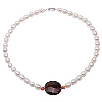 JYX Pearl Necklace 7.5-8mm Oval White Freshwater Pearls Necklace with 25mm Agate Bead for Women 17