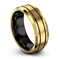 Tungsten Wedding Band Ring 8mm for Men Women Bevel Edge 18K Yellow Gold Black Double Line Brushed Polished