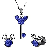 Created Round Cut Blue Sapphire Gemstone 925 Sterling Silver 14K Rose Gold Over Diamond Mickey Mouse Key Stud Earring Pendant Necklace Jewelry Set for Women's & Girl's