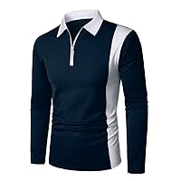 HOOD CREW Mens Long Sleeve Polo Shirts Fashion Color Block Zipper T Shirts