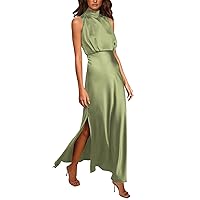 Women Summer Long Formal Satin Dress Mock Neck Sleeveless Side Slit Flowy Maxi Tank Dresses Woman Dresses for Work