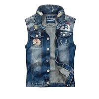 Ripped Men's Blue Denim Vest Patch Designs Cowboy Frayed Jeans Sleeveless Jackets Punk Motorcycle Waistcoat Male