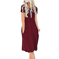 Summer Casual Dresses with Pockets, Womens Solid Short Sleeve Pleated Flowy Dress Basic Plain Round Neck Dress