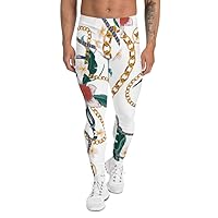 Men’s Leggings Workout Gym Pants Activewear Gold Chain Floral Frost White