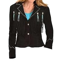 Women Western Style Fringe & Bones Leather Jacket Black, Excellent Quality, Xs-5xl