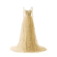 Eightale Tulle Long Spaghetti Straps Prom Dresses Flower Embroidery Formal Evening Dresses