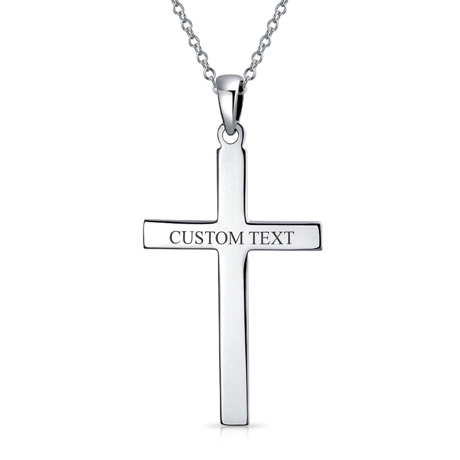 Unisex Large Personalize Engravable Traditional Religious Spiritual Plain Simple Flat Cross Pendant Necklace For Women Teen Men Polished Solid .925 Sterling Silver 2