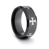 9mm Tungsten Carbide Mens Polished Black Comfort Fit Wedding Band Ring w/Laser Engraved Iron Cross Design (Available Sizes 7-14 Including Half Sizes)