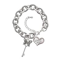 Silvertone Antiqued Butterfly Key with AB Crystals - Class of 2024 Heart Charm Link Bracelet, 7.25+1.25