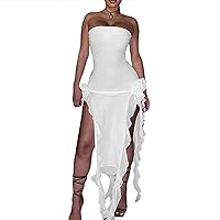Women Y2k Strapless Bodycon Dress Summer Irregular Tassel Split Ruched Long Dress Sexy Tube Dress for Party Club