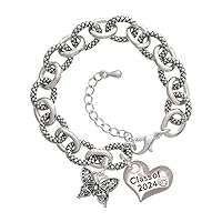 Plated Small Antiqued Crystal Butterfly - Class of 2024 Heart Charm Link Bracelet, 7.25+1.25