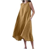 Women's Summer Long Maxi Dress Casual Crewneck Sleeveless Bohemian Cotton Linen Beach Flowy Sundress with Pockets